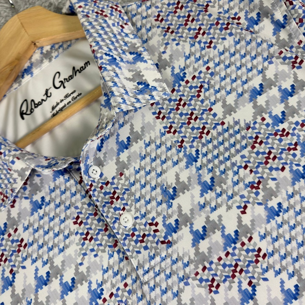 Robert Graham Mens‎ XL Short Sleeve Polo Shirt Blue Geometric Performance Golf